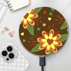 Floral Hearts Brown Green Retro Wireless Fast Charger(white) by Hannah976