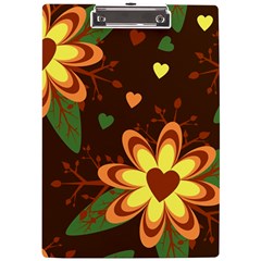 Floral Hearts Brown Green Retro A4 Acrylic Clipboard by Hannah976