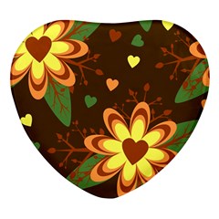 Floral Hearts Brown Green Retro Heart Glass Fridge Magnet (4 Pack) by Hannah976