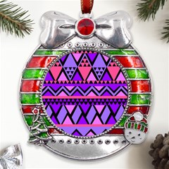 Seamless Purple Pink Pattern Metal X mas Ribbon With Red Crystal Round Ornament by Hannah976