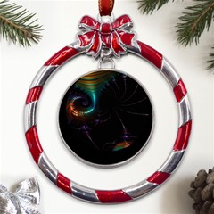 Fractal Transfer Metallic Black Metal Red Ribbon Round Ornament by Hannah976