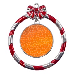 Orange Mosaic Structure Background Metal Red Ribbon Round Ornament by Hannah976