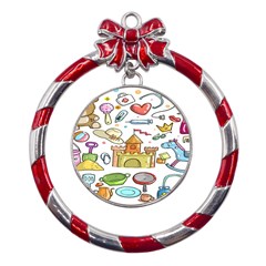 Baby Equipment Child Sketch Hand Metal Red Ribbon Round Ornament by Hannah976