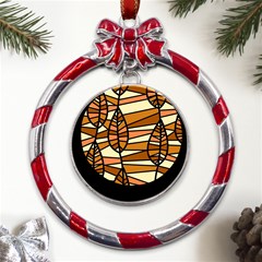 Autumn Leaf Mosaic Seamless Metal Red Ribbon Round Ornament by Hannah976