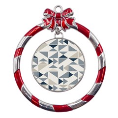 Geometric Triangle Modern Mosaic Metal Red Ribbon Round Ornament by Hannah976