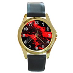 Red Black Fractal Mandelbrot Art Wallpaper Round Gold Metal Watch by Hannah976