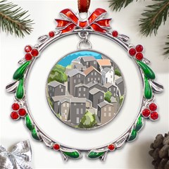 Village Place Portugal Landscape Metal X mas Wreath Ribbon Ornament by Hannah976