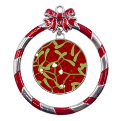 Mistletoe Christmas Texture Advent Metal Red Ribbon Round Ornament