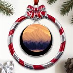 Landscape Nature Mountains Sky Metal Red Ribbon Round Ornament Front