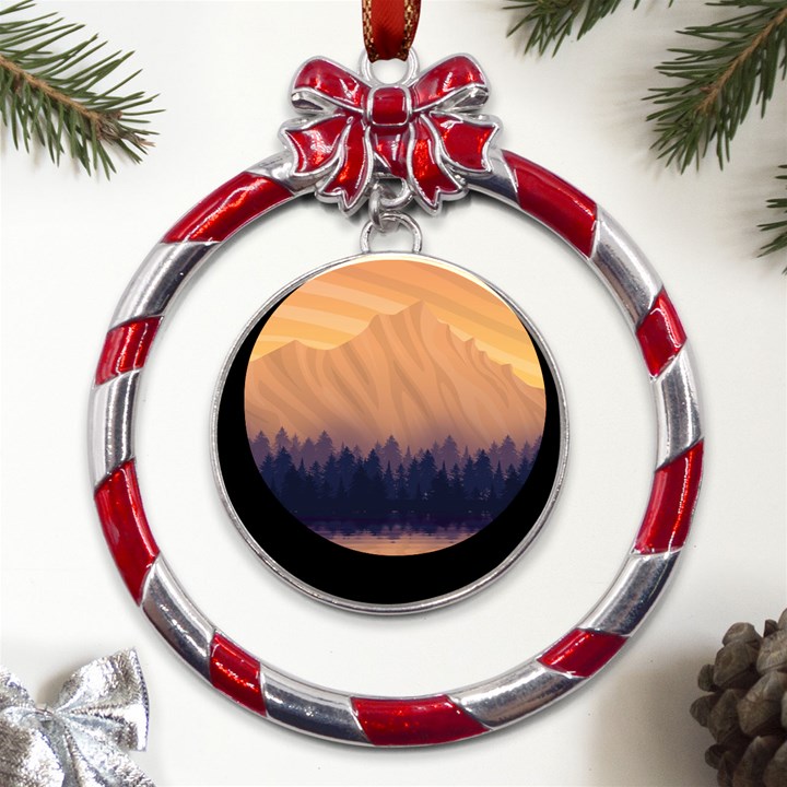 Landscape Nature Mountains Sky Metal Red Ribbon Round Ornament