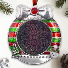 Mandala Neon Symmetric Symmetry Metal X mas Ribbon With Red Crystal Round Ornament by Hannah976