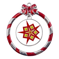 Pattern Tile Decorative Design Star Metal Red Ribbon Round Ornament by Hannah976