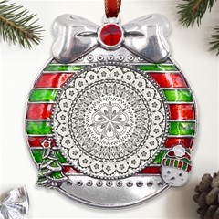 Vector Mandala Drawing Decoration Metal X mas Ribbon With Red Crystal Round Ornament by Hannah976