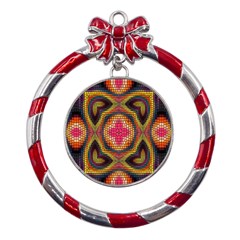 Kaleidoscope Art Pattern Ornament Metal Red Ribbon Round Ornament by Hannah976