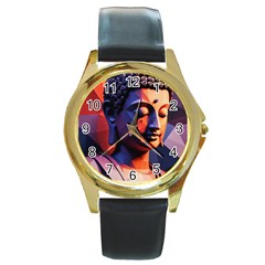 Let That Shit Go Buddha Low Poly (6) Round Gold Metal Watch by 1xmerch