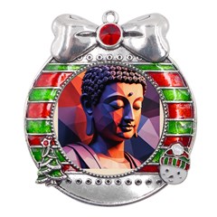 Let That Shit Go Buddha Low Poly (6) Metal X mas Ribbon With Red Crystal Round Ornament by 1xmerch