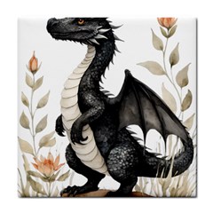 Cute Black Baby Dragon Flowers Painting (2) Tile Coaster by 1xmerch