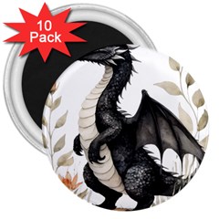 Cute Black Baby Dragon Flowers Painting (2) 3  Magnets (10 Pack)  by 1xmerch