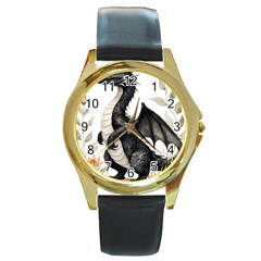 Cute Black Baby Dragon Flowers Painting (2) Round Gold Metal Watch by 1xmerch