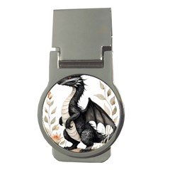 Cute Black Baby Dragon Flowers Painting (2) Money Clips (round)  by 1xmerch