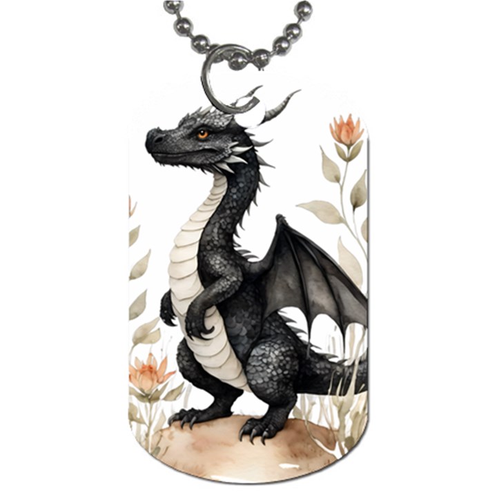 Cute Black Baby Dragon Flowers Painting (2) Dog Tag (One Side)