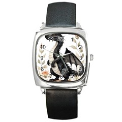 Cute Black Baby Dragon Flowers Painting (2) Square Metal Watch