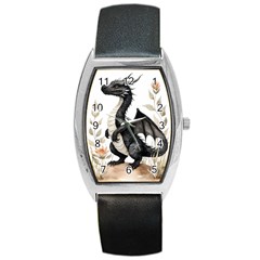 Cute Black Baby Dragon Flowers Painting (2) Barrel Style Metal Watch by 1xmerch