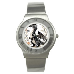 Cute Black Baby Dragon Flowers Painting (2) Stainless Steel Watch by 1xmerch