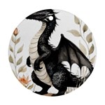 Cute Black Baby Dragon Flowers Painting (2) Round Ornament (Two Sides) Back