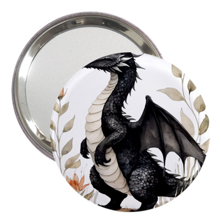 Cute Black Baby Dragon Flowers Painting (2) 3  Handbag Mirrors