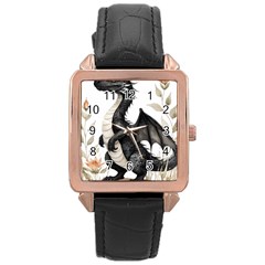 Cute Black Baby Dragon Flowers Painting (2) Rose Gold Leather Watch  by 1xmerch