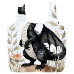 Cute Black Baby Dragon Flowers Painting (2) Full Print Recycle Bag (xl)