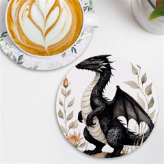 Cute Black Baby Dragon Flowers Painting (2) Uv Print Round Tile Coaster by 1xmerch