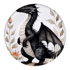 Cute Black Baby Dragon Flowers Painting (2) Round Glass Fridge Magnet (4 Pack) by 1xmerch