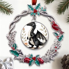 Cute Black Baby Dragon Flowers Painting (2) Metal X mas Wreath Holly Leaf Ornament