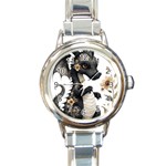 Cute Black Baby Dragon Flowers Painting (7) Round Italian Charm Watch Front