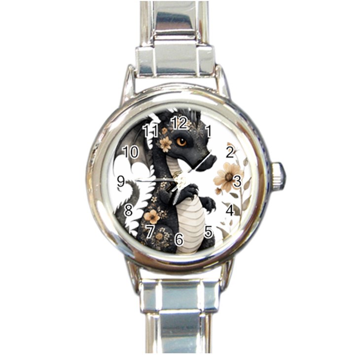 Cute Black Baby Dragon Flowers Painting (7) Round Italian Charm Watch