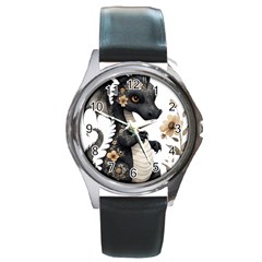 Cute Black Baby Dragon Flowers Painting (7) Round Metal Watch by 1xmerch