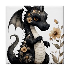 Cute Black Baby Dragon Flowers Painting (7) Tile Coaster by 1xmerch