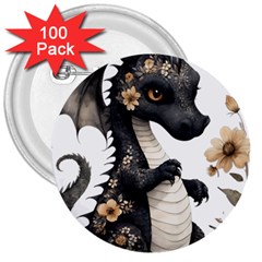 Cute Black Baby Dragon Flowers Painting (7) 3  Buttons (100 Pack)  by 1xmerch