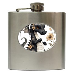 Cute Black Baby Dragon Flowers Painting (7) Hip Flask (6 Oz) by 1xmerch