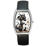 Cute Black Baby Dragon Flowers Painting (7) Barrel Style Metal Watch Front