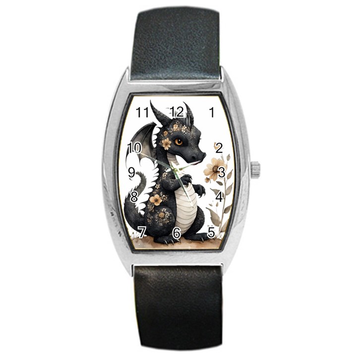 Cute Black Baby Dragon Flowers Painting (7) Barrel Style Metal Watch