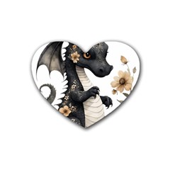 Cute Black Baby Dragon Flowers Painting (7) Rubber Heart Coaster (4 Pack)