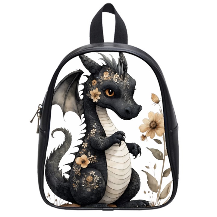 Cute Black Baby Dragon Flowers Painting (7) School Bag (Small)