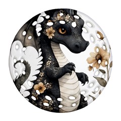 Cute Black Baby Dragon Flowers Painting (7) Round Filigree Ornament (two Sides) by 1xmerch