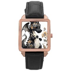 Cute Black Baby Dragon Flowers Painting (7) Rose Gold Leather Watch  by 1xmerch