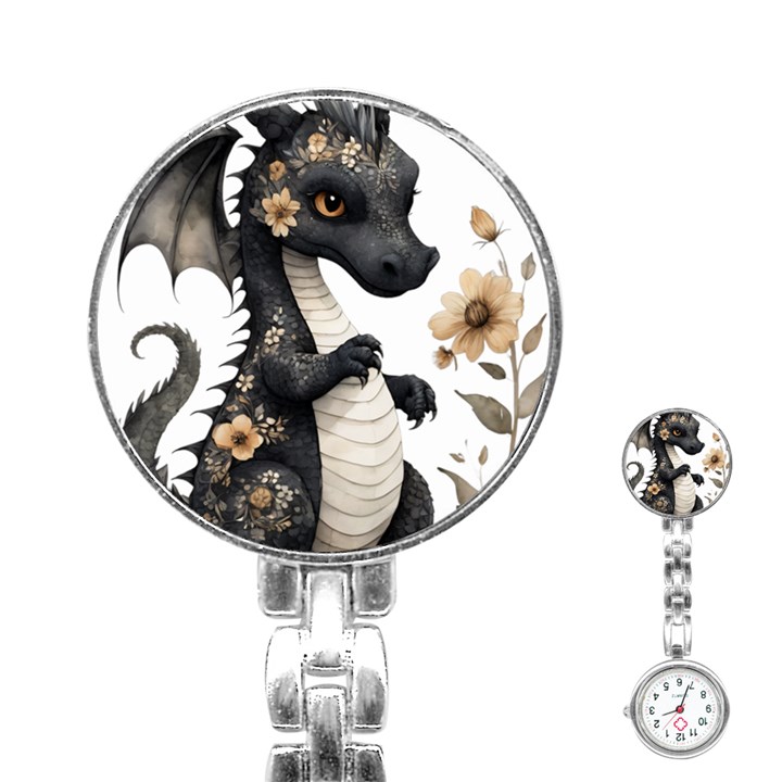 Cute Black Baby Dragon Flowers Painting (7) Stainless Steel Nurses Watch