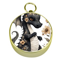 Cute Black Baby Dragon Flowers Painting (7) Gold Compasses by 1xmerch