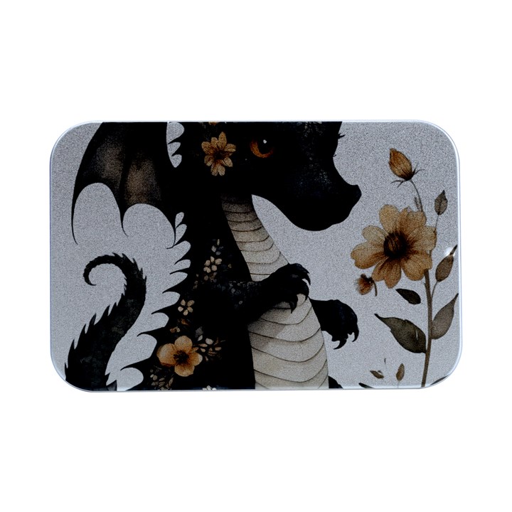 Cute Black Baby Dragon Flowers Painting (7) Open Lid Metal Box (Silver)  